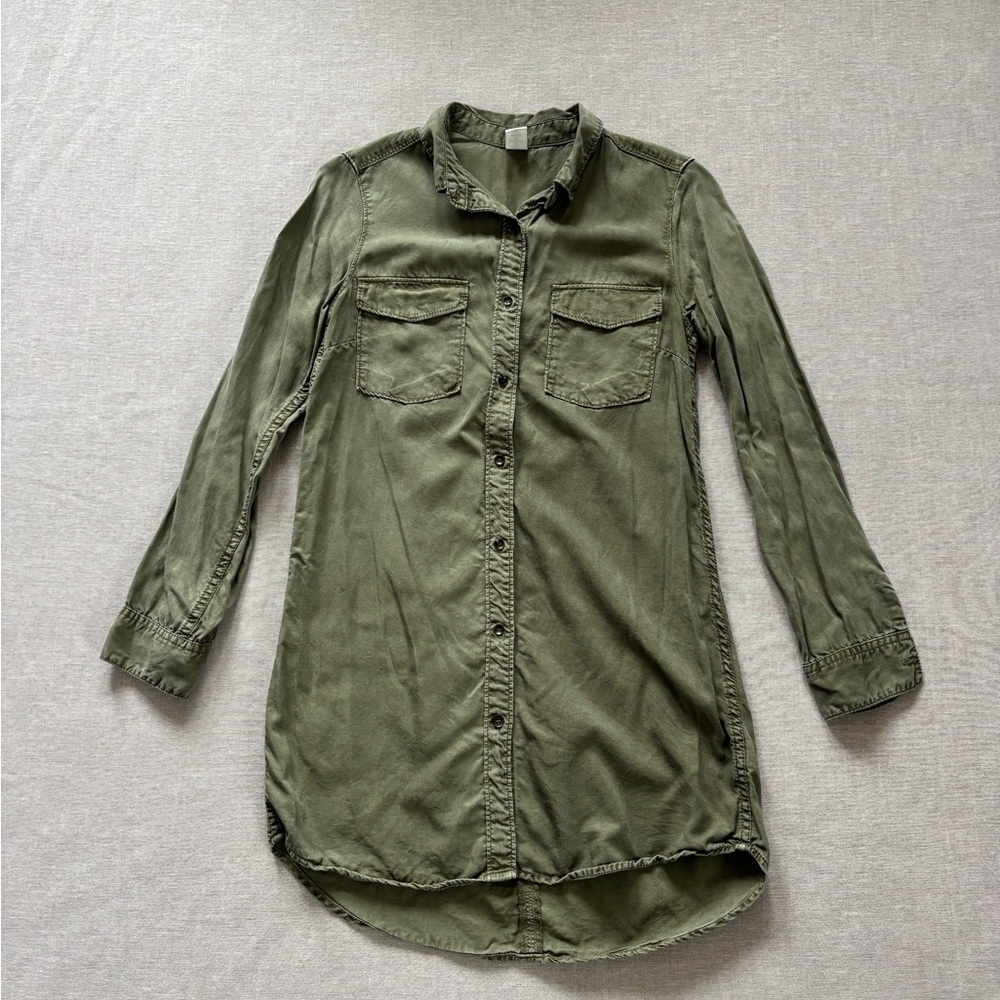 H&M olive army green work campus grunge long button up shirt size 4 - Picture 7 of 11